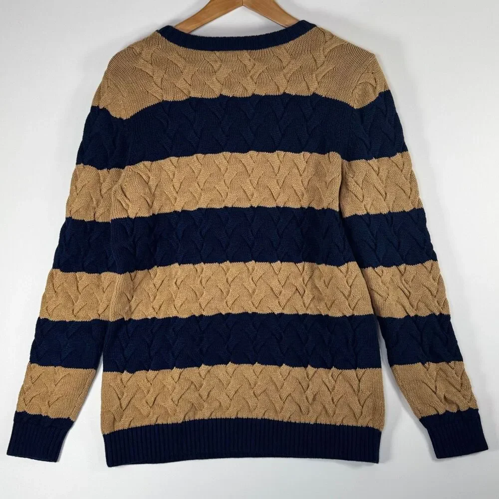 Lands End Women Drifter Sweater Medium Blue Tan Stripe Braided Cable Knit Preppy